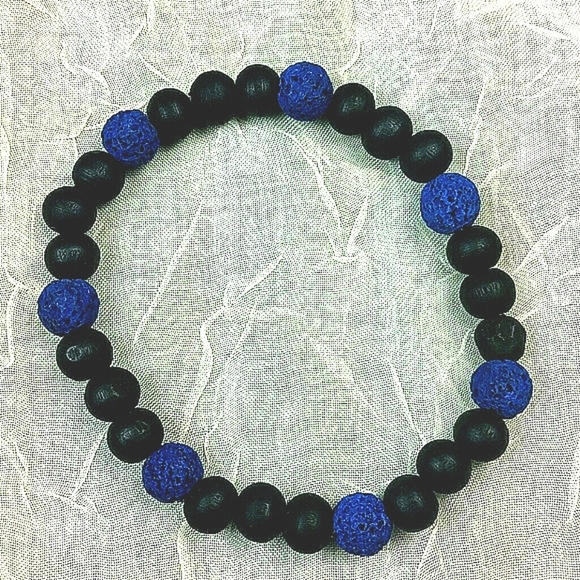Bracelets Men's set of 3 bundle stackable black leather blue lava rock wood bead - Picture 6 of 6